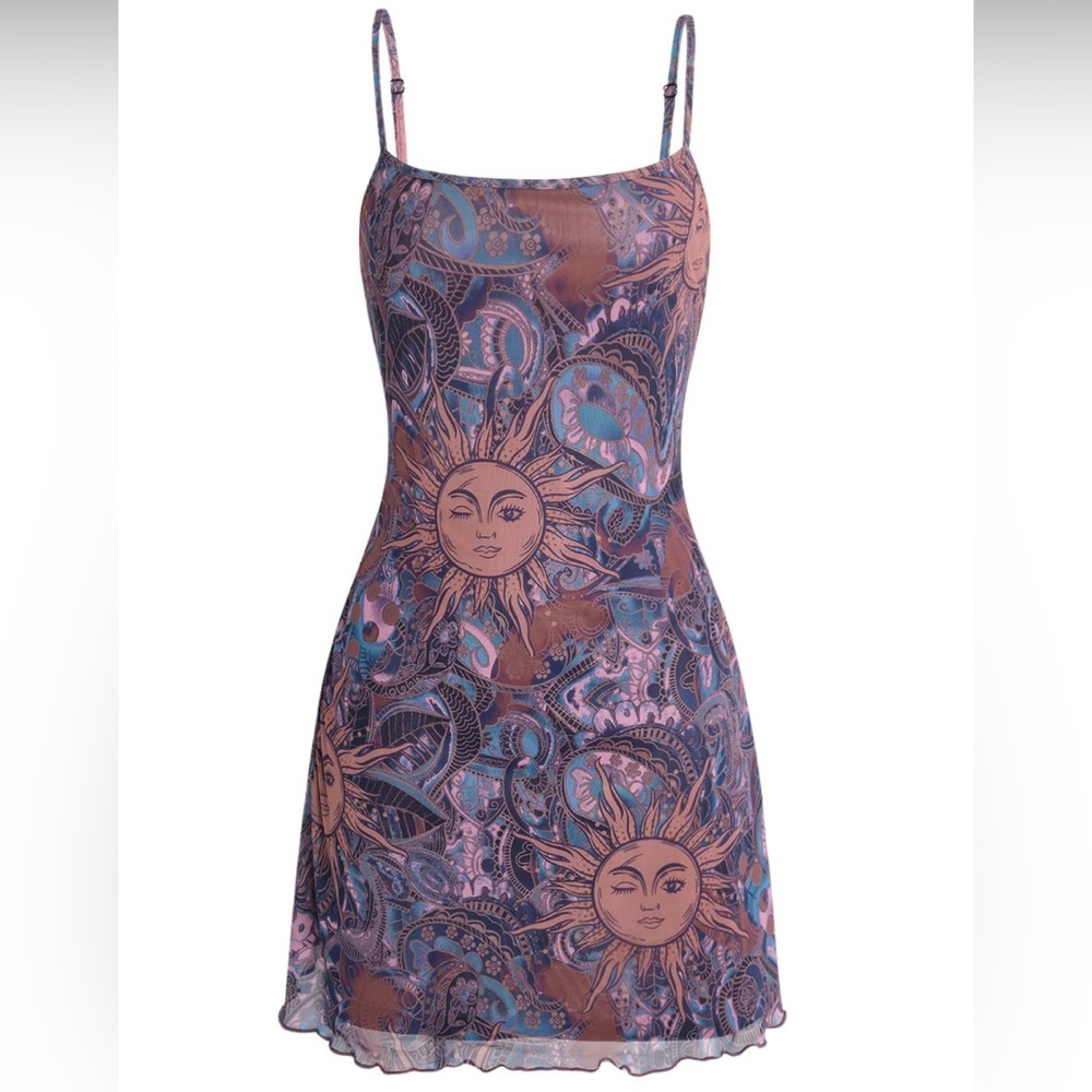 NEW Milumia Women's 90s Inspired Boho Sun & Moon Mini Dress size small